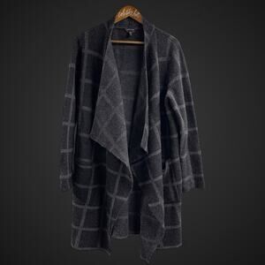 Eileen Fisher Cardigan Sweater Medium Charcoal Gray Windowpane 100% Merino Wool
